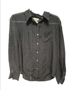 Ann Taylor Black 100% Silk Sheer Textured Button-Down Blouse Sz.6